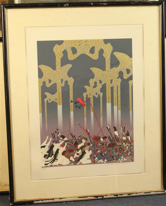 Hideo Takeda (1948-) Heike Clan escape from Kyoto, from the Genpei series, overall 24.5 x 18.75in.